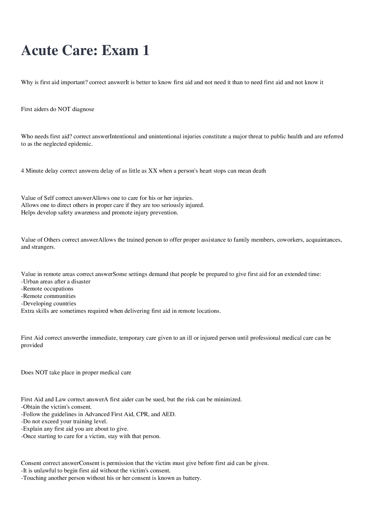 Preview image for Acute Care: Exam 1 2022/2023 with 100% correct answers